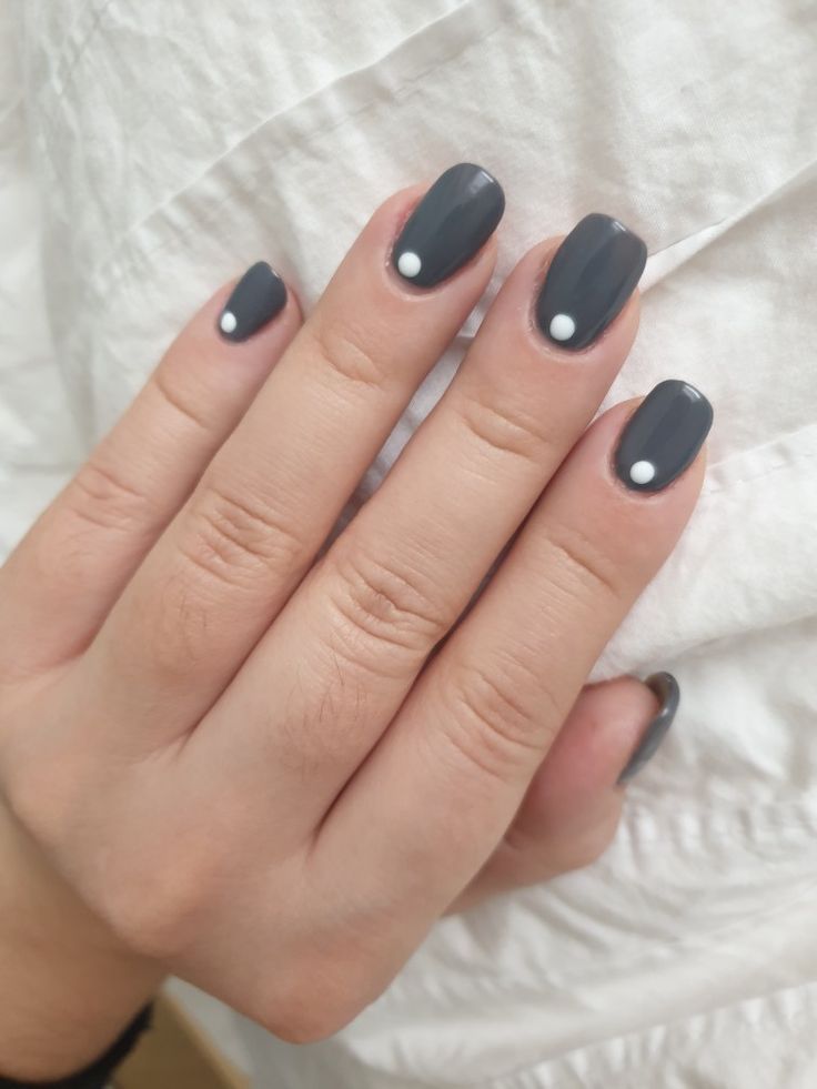 Chic Minimalist Nail Design: Deep Gray with White Dot Accents