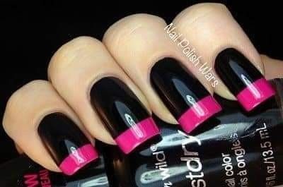 Chic Bold Nail Design: Glossy Black with Vibrant Pink Tips for a Sophisticated Statement.