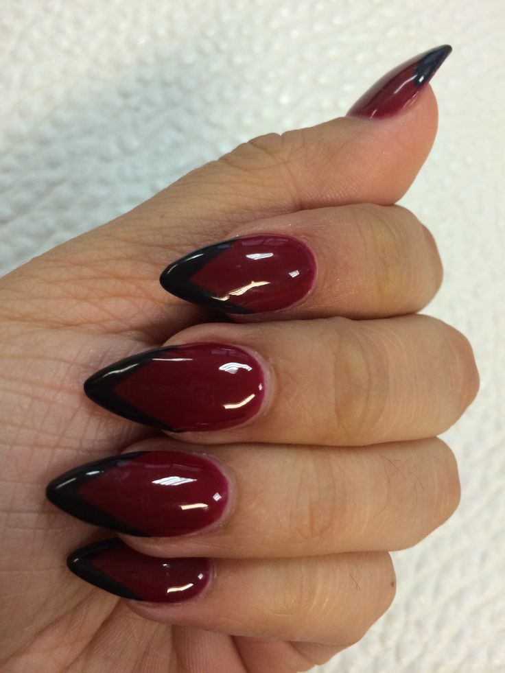 Sophisticated Almond-Shaped Nails with Deep Burgundy and Black Tips