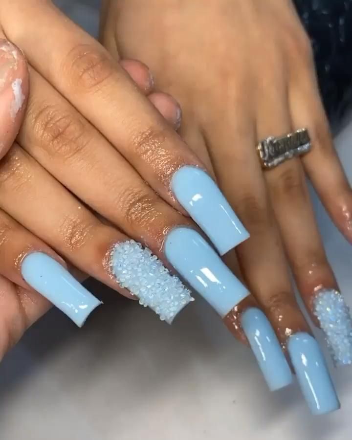 Chic Soft Blue Manicure with Long Acrylic Nails and Rhinestone Accents