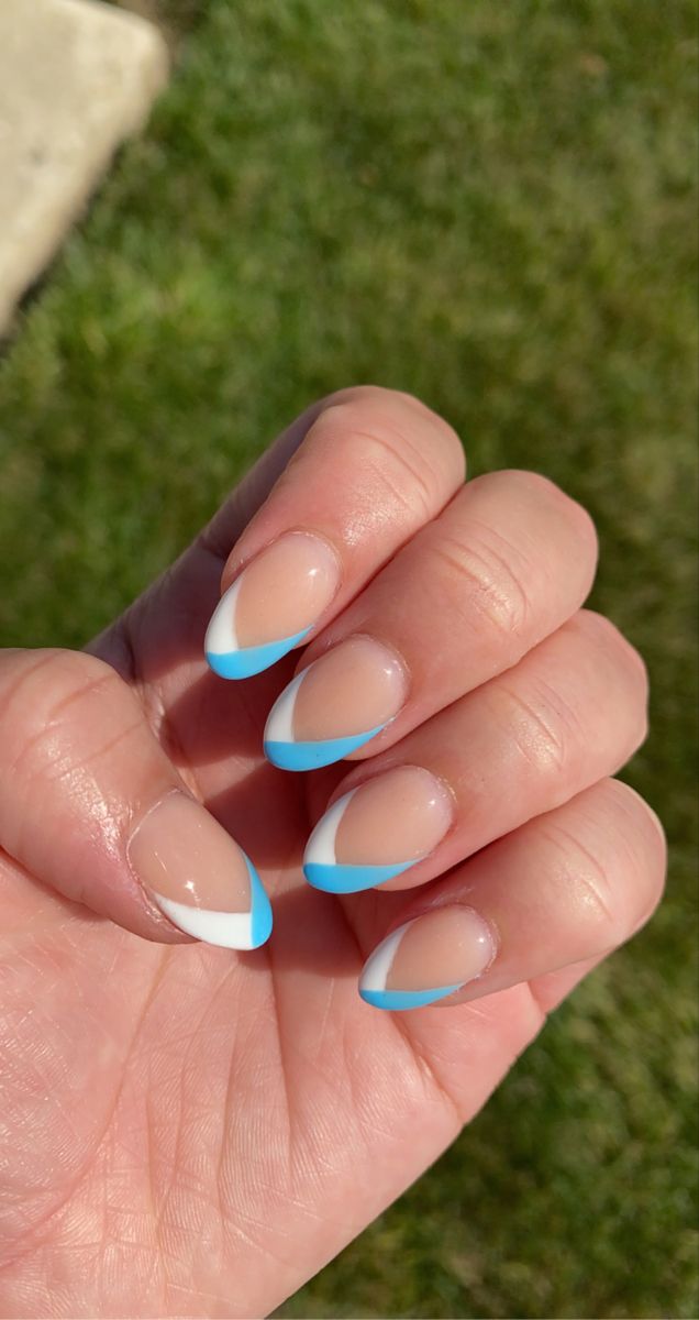 Chic French Tip Nail Design: Elegant White and Vibrant Turquoise Combo for a Refreshing Look.