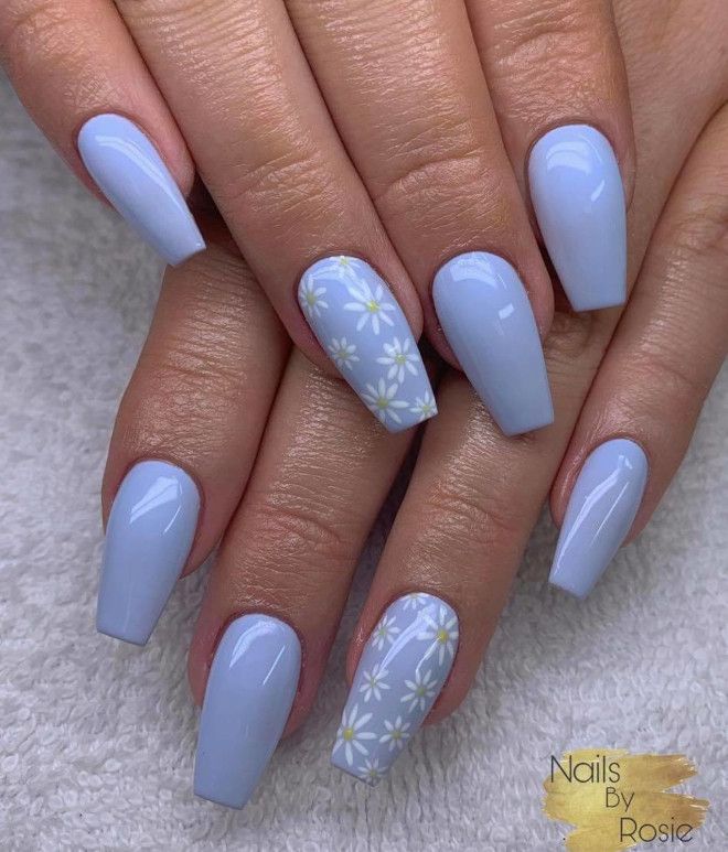 Elegant Pastel Blue Nail Design: A Spring-Inspired Fusion of Floral Patterns and Finishes.