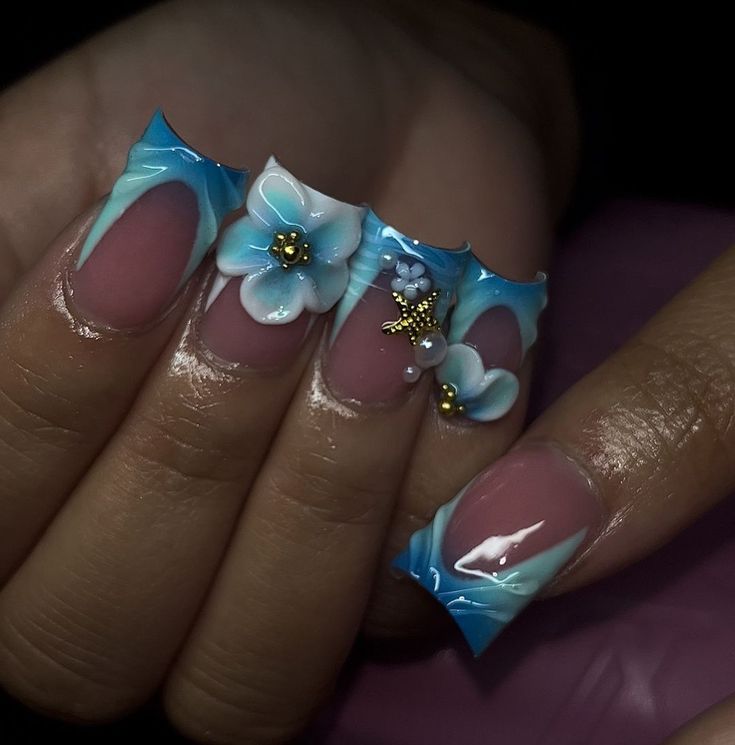 Elegant Floral Nail Art with 3D Blossoms and Gold Accents