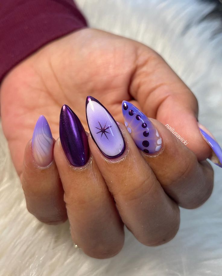 Elegant Purple Nail Design: A Stunning Blend of Glossy and Matte with Artistic Details.