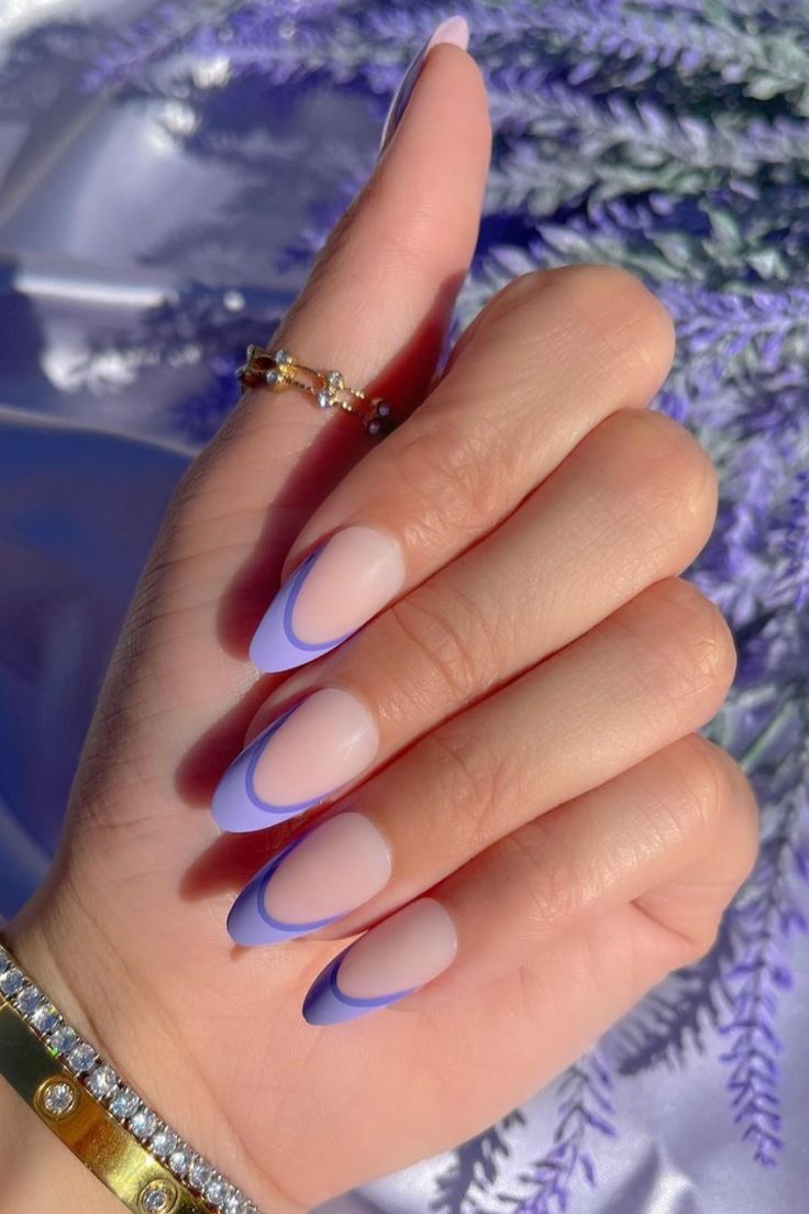 Chic Lavender-Tipped Nude Nails: A Sophisticated Manicure for Any Occasion.