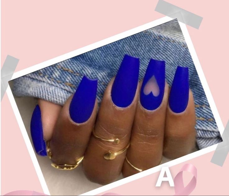 Chic Bold Blue Acrylic Nails with Heart Accent and Glossy Finish