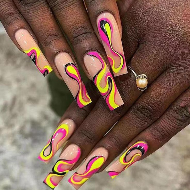 Vibrant Abstract Nail Design: Pink, Yellow, and Black Swirls on a Nude Base