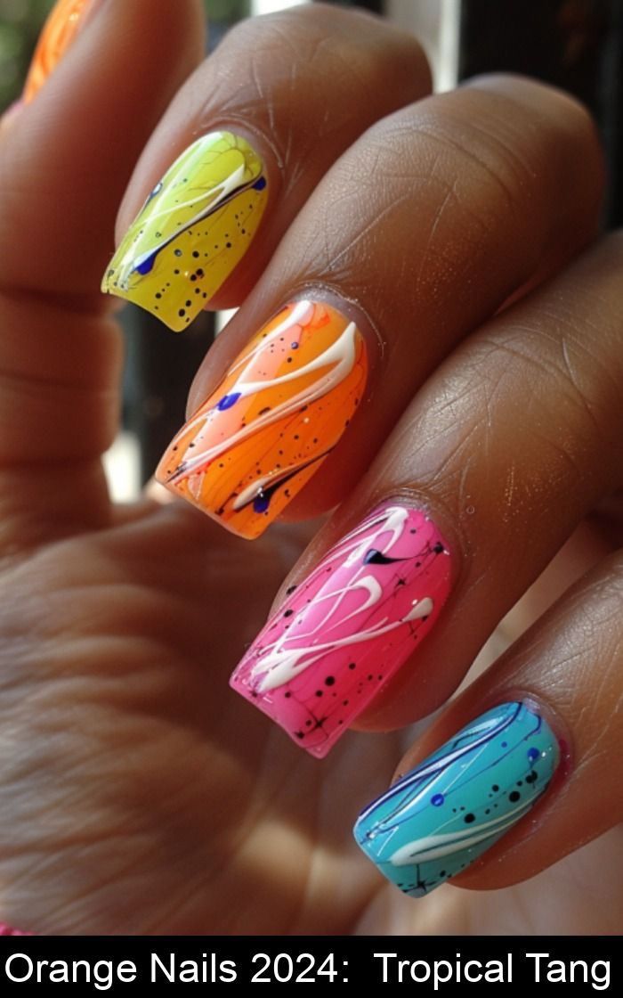 Playful Tropical Nail Design with Bold Colors and Accents