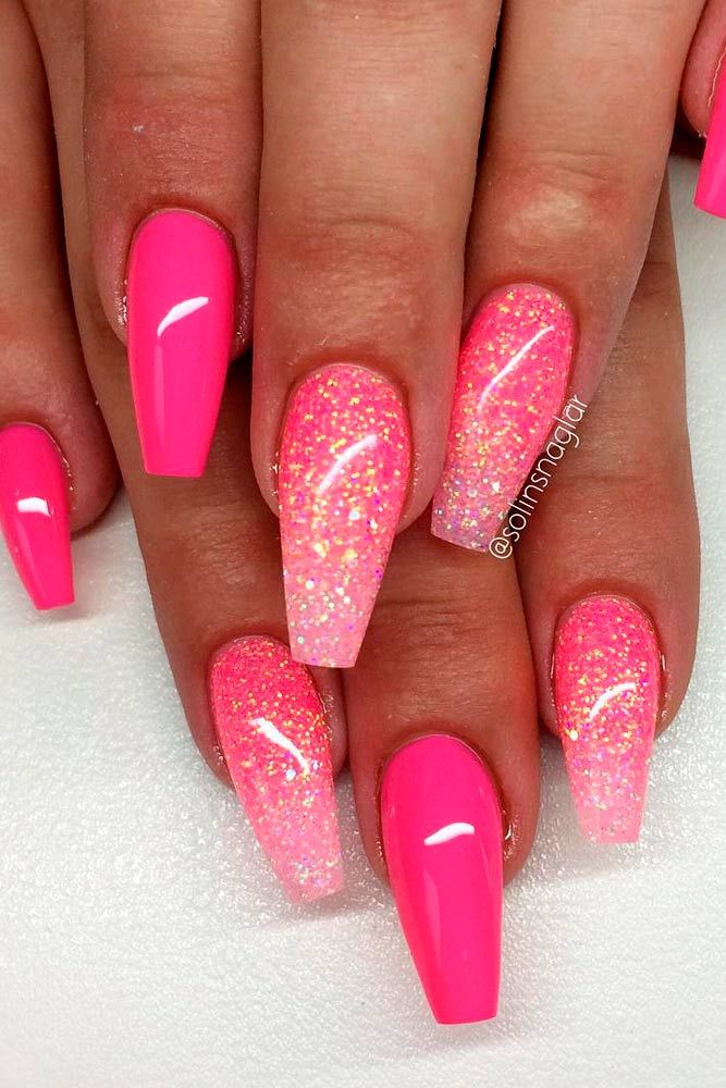 Glamorous Vibrant Pink Nail Design with Glossy Finishes and Sparkling Accents