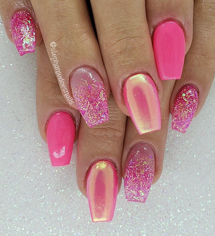 Playful Pink Nail Design: Glossy and Glittery Chic for Any Occasion.