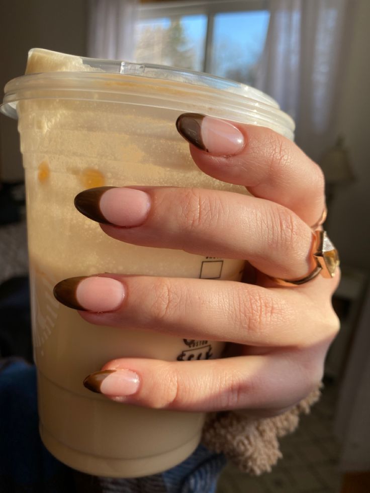 Chic Brown French Tips on Nude Base: Modern Elegance for Any Occasion.