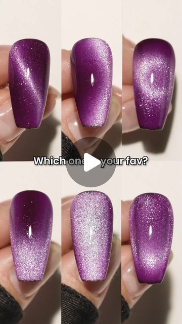 Vibrant Purple Nail Designs with Unique Sparkling Effects and Gradients.