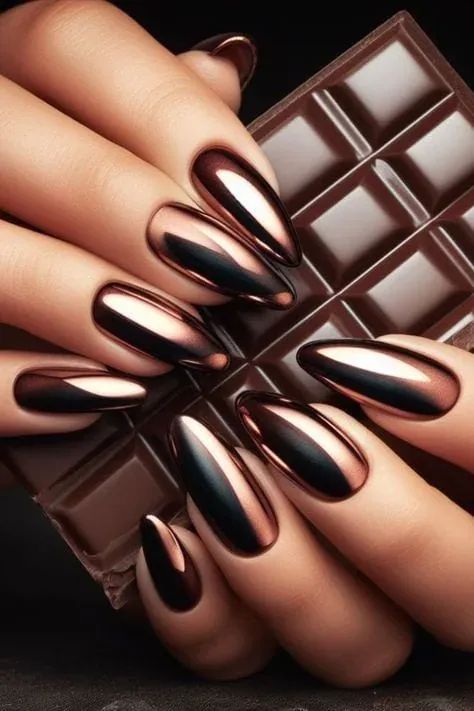 Chic Almond-Shaped Nail Design in Rich Brown and Metallic Finishes for Sophisticated Elegance.