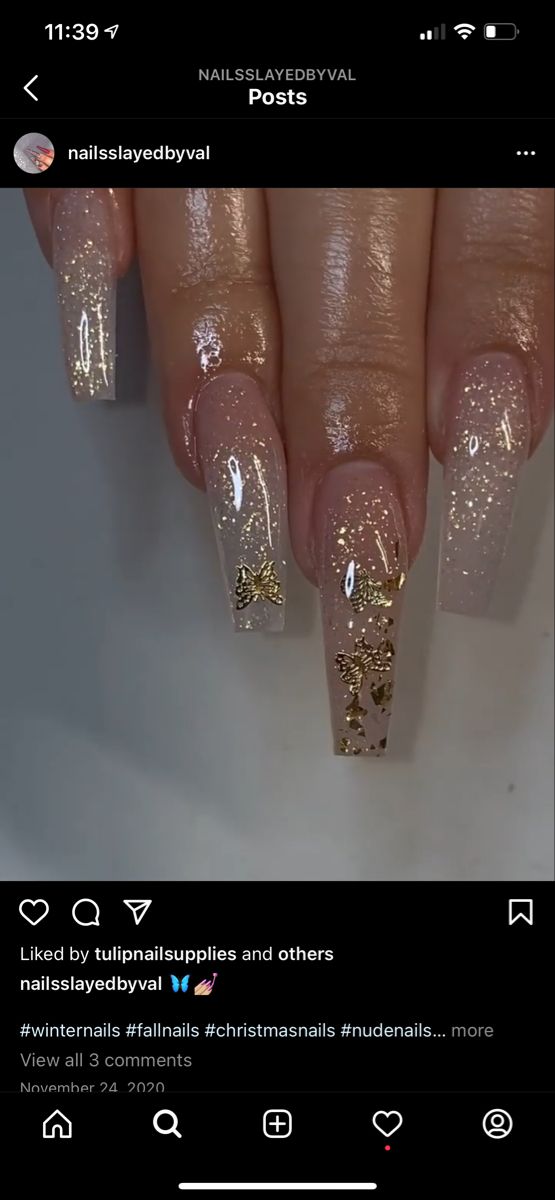 Chic Elegant Nail Design: Soft Nude with Glitter and Gold Accents