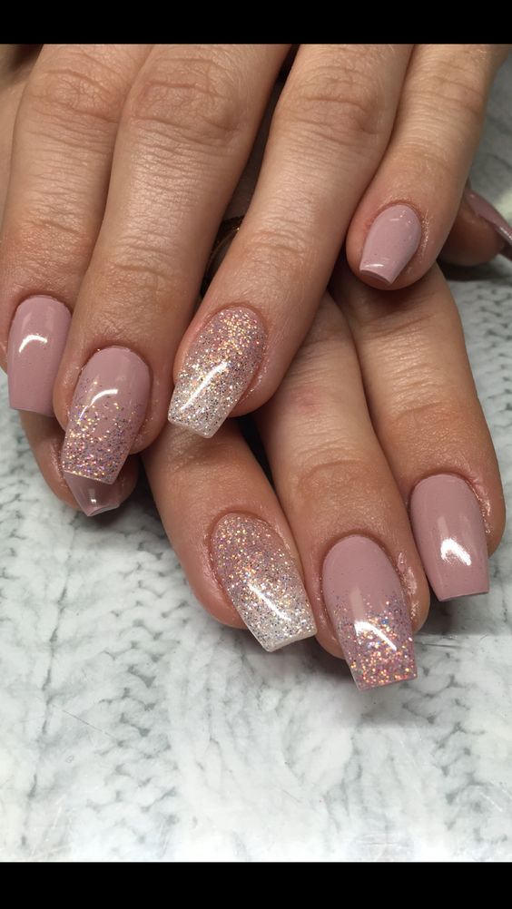 Chic Nude Nail Design with Glitter Gradient Accents for Any Occasion.