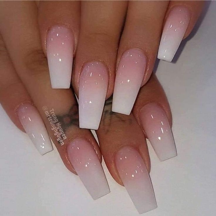 Elegant Ombre Nail Design: Gradient Pink to White with Long Square Shape.