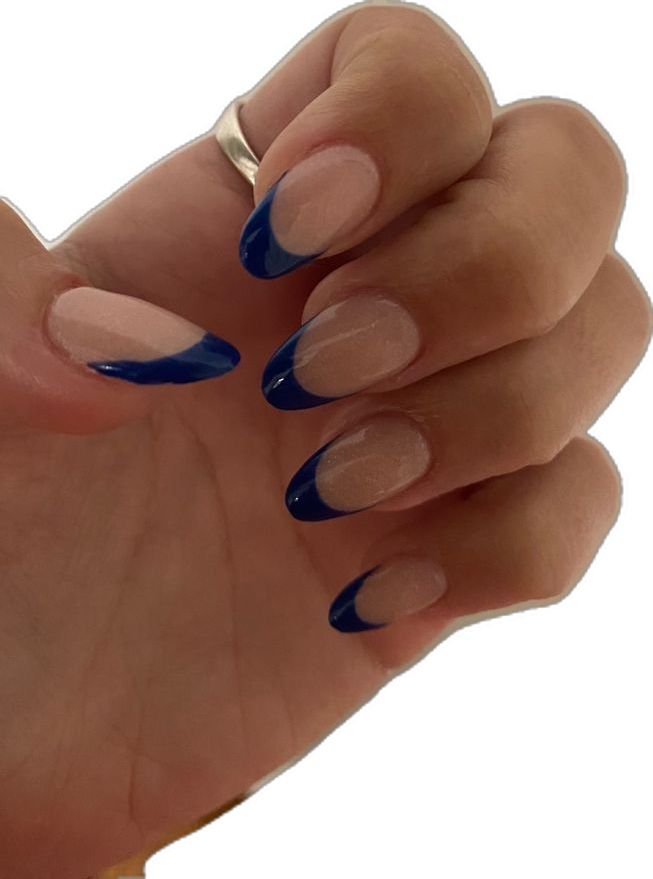 Chic Nude Base with Vibrant Blue French Tips: A Sophisticated Nail Design for Any Occasion