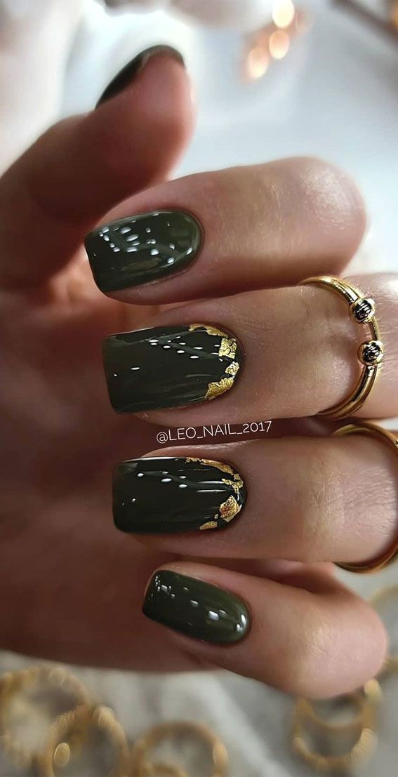 Sophisticated Olive Green Nail Design with Luxurious Gold Accents.