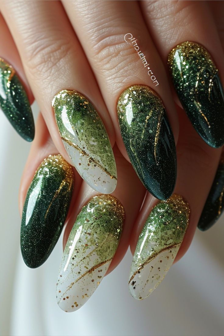 Elegant Nail Design with Deep Green and Shimmering Gold Accents.