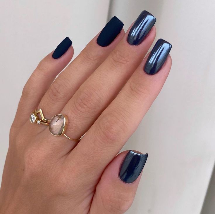 Sophisticated Navy Blue Nail Design with Matte and Glossy Finishes.