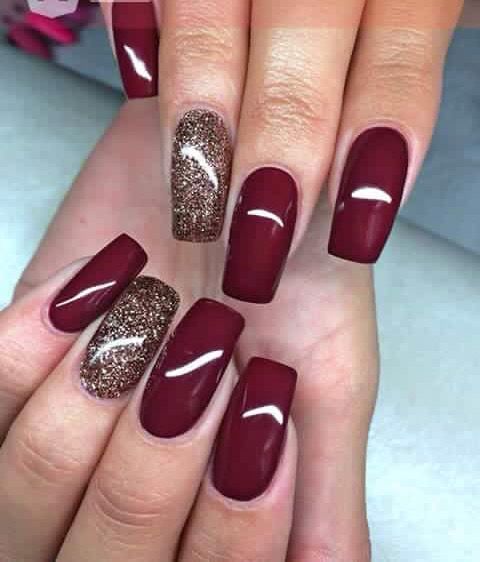 Elegant Deep Burgundy Nail Design with Sparkling Accents