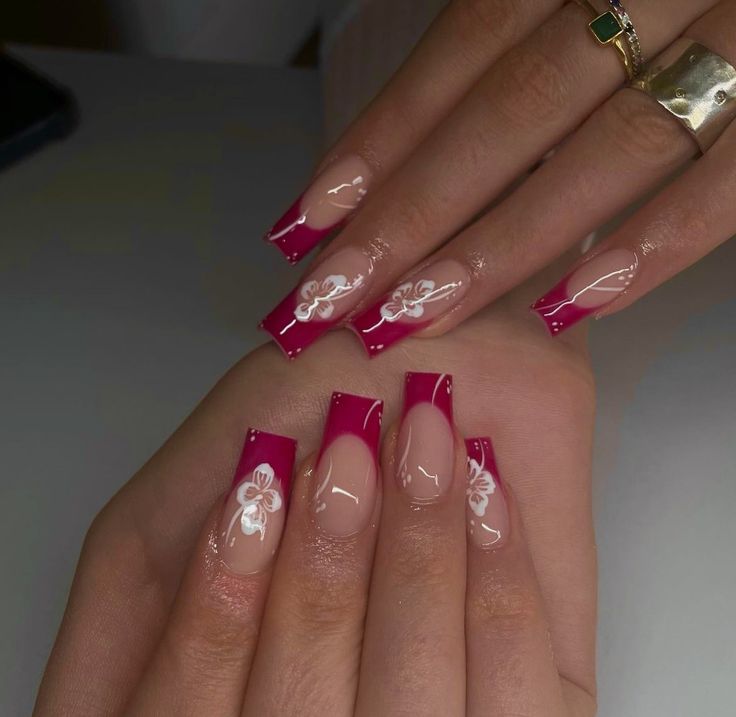 Elegant Vibrant Pink Tip Nail Design with Feminine Floral Patterns and Glossy-Matte Finish.