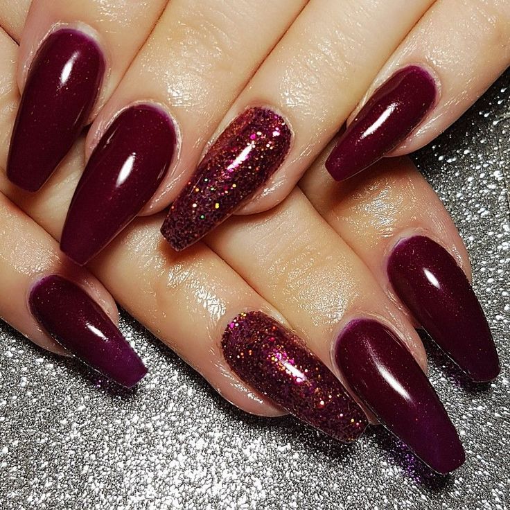 Elegant Deep Burgundy Almond Nails with Glossy and Glittery Accents