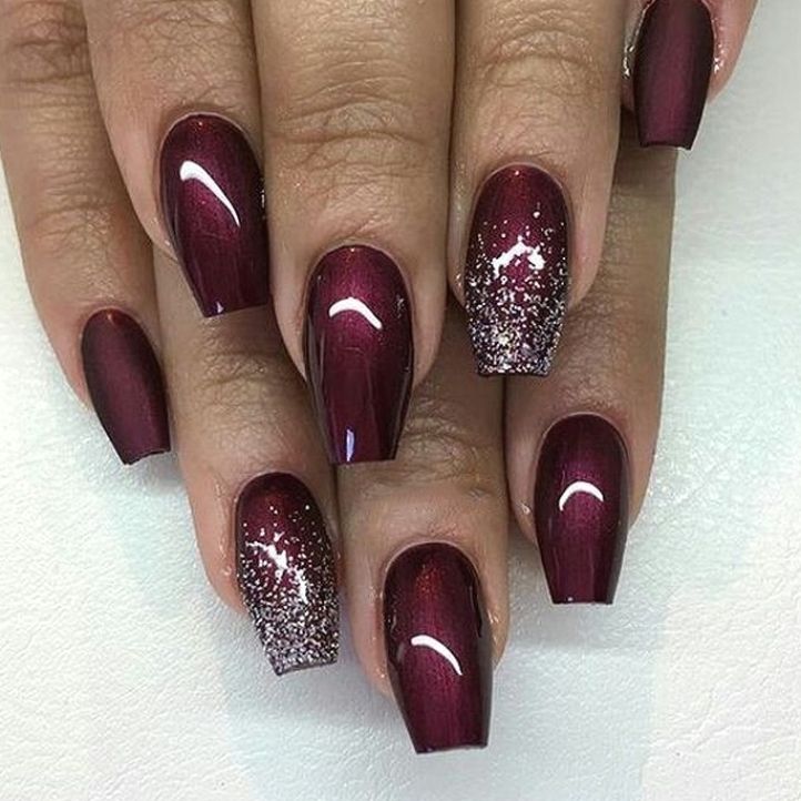 Sophisticated Burgundy Nails with Glitter Gradient for Glamorous Looks.