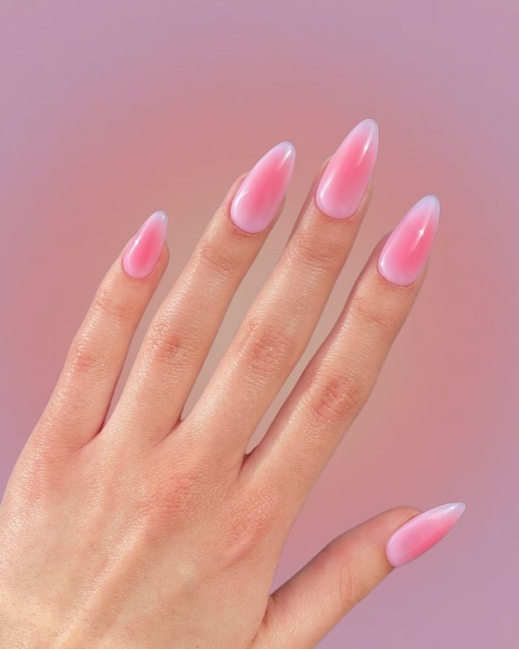 Elegant Ombre Almond-Shaped Nails in Soft Pink to Lavender Gradient.