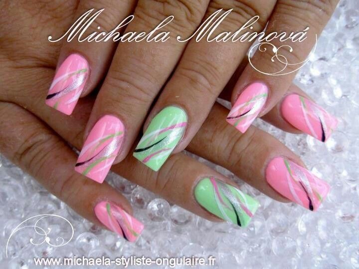 Playful Vibrant Pink and Mint Green Nail Design with Elegant Accents for Spring/Summer.