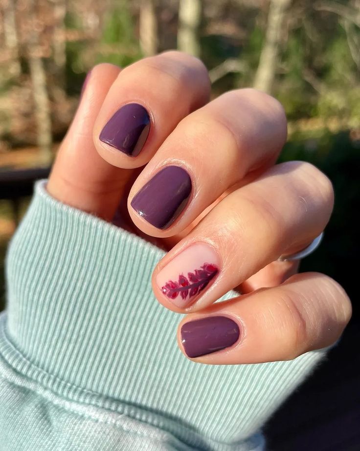 Stunning Deep Purple Nail Design with Floral Accents and Glossy Finish