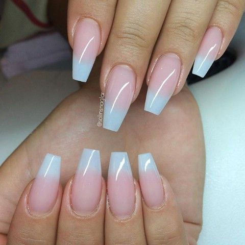 Elegant Ombre Nail Design: Soft Pink to Light Blue Transition in a Chic, Elongated Style.