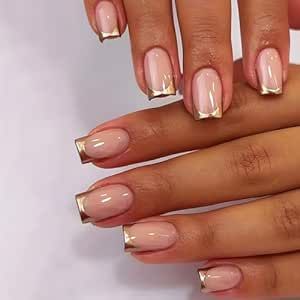 Sophisticated Nude Nail Design with Glossy Tips and Delicate Gold Accents