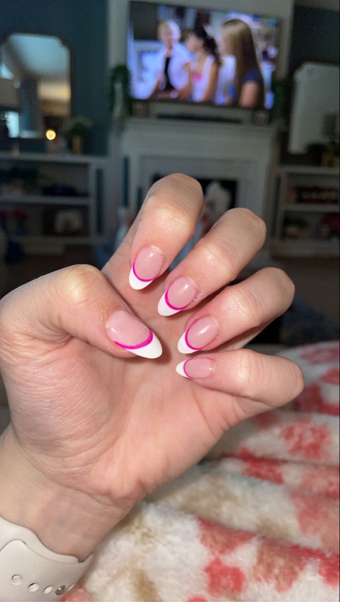 Chic French Tip Nail Design with Vibrant Pink Outline for a Fresh, Playful Look.