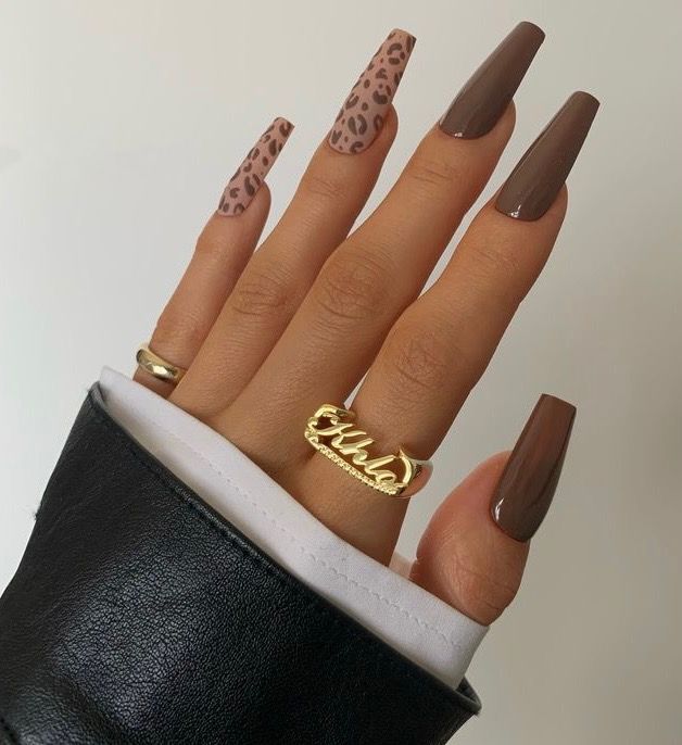 Elegant Coffin-Shaped Nail Design with Chic Colors and Edgy Leopard Print Accent.