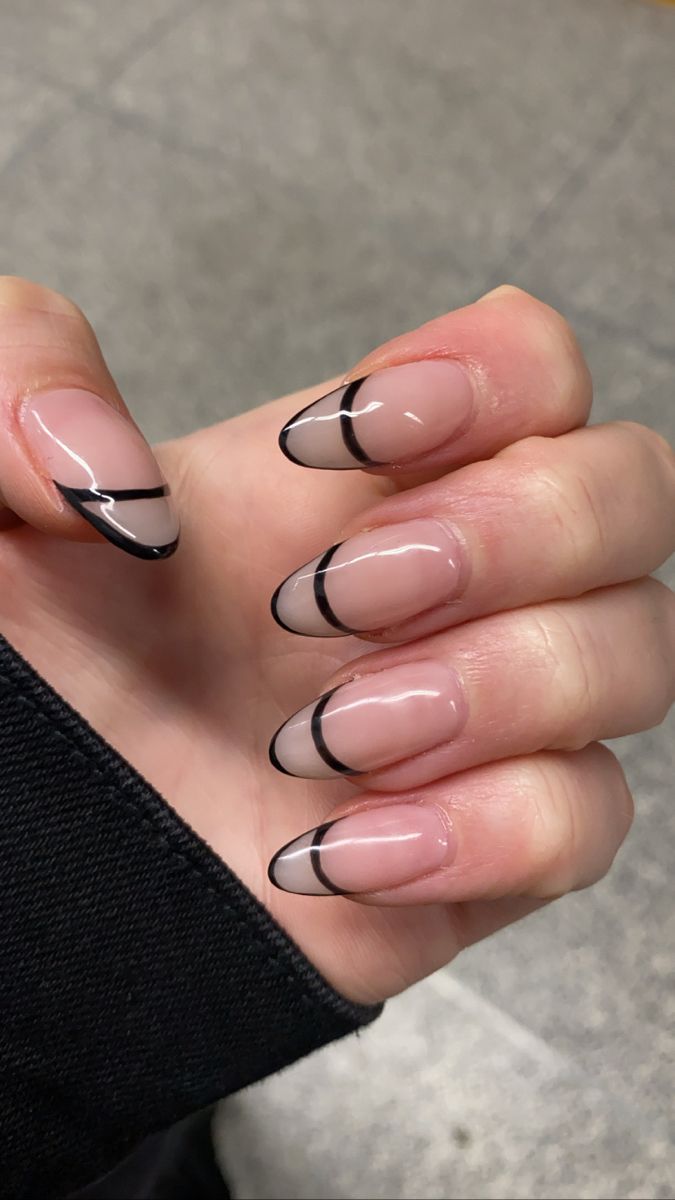 Modern Elegant Nude Nails with Curved Black French Tips