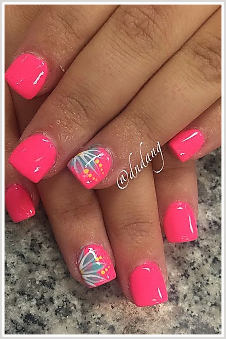 Cheerful Vibrant Pink Nail Design with Elegant Floral Accent for Spring/Summer.