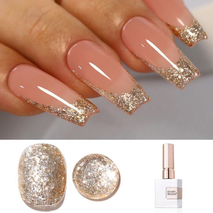 Chic Elegance: Nude Nails with Glimmering Gold Glitter Tips