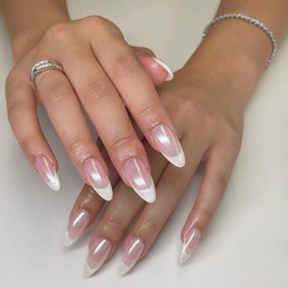 Chic Almond-Shaped Nails with Glossy Soft Pink Base and Crisp White Tips