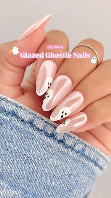 Playful Glazed Ghost-Themed Nails: Elegant Halloween Design with Whimsical Accents