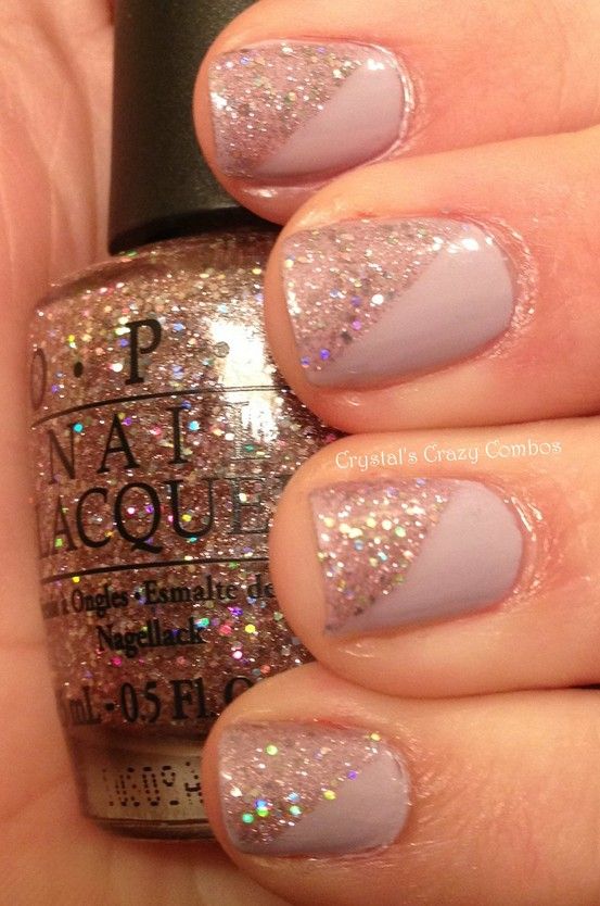 Elegant Lavender Glitter Nail Design with Playful Diagonal Split Accent.