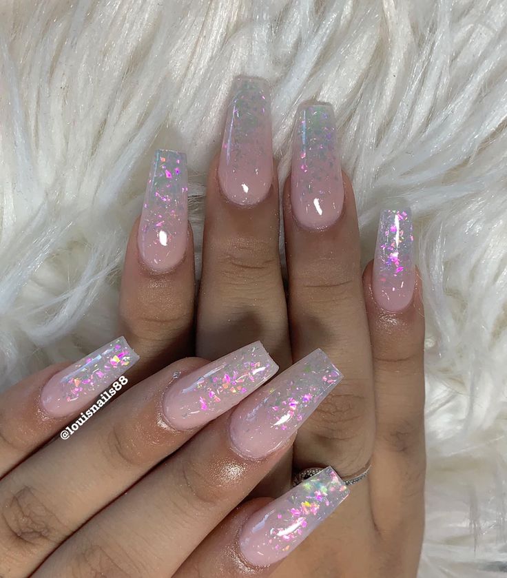 Elegant Long Square Nails with Soft Pink and Iridescent Glitter Design