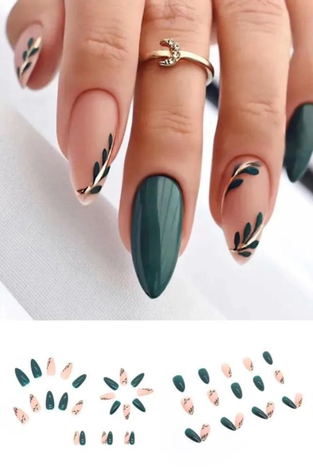 Sophisticated Green and Gold Nail Art: Elegant Designs with Glossy and Matte Finishes.