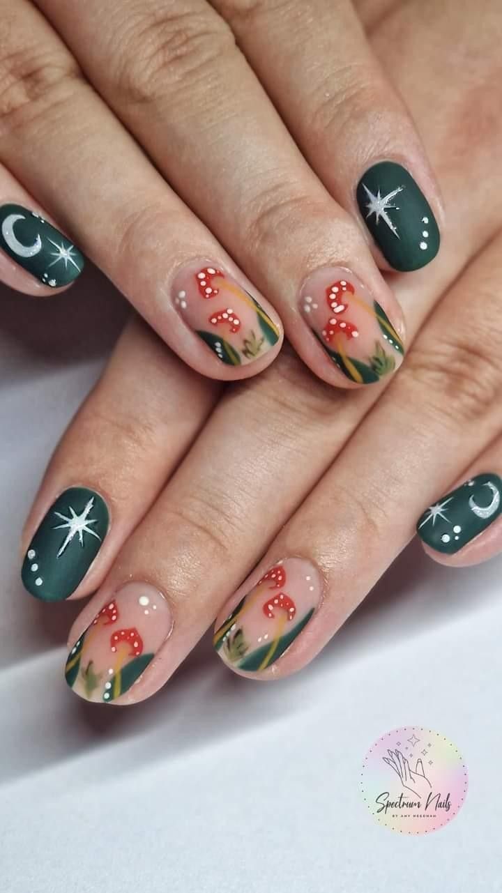 Enchanting Whimsical Nail Art: Earthy Tones with Intricate Mushroom and Star Designs.