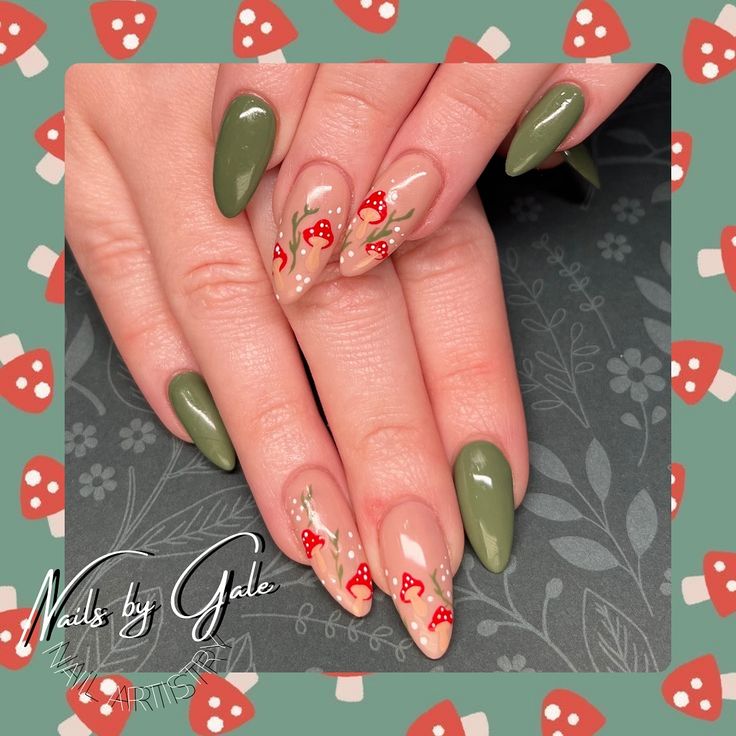 Whimsical Nature-Inspired Nail Design with Earthy Greens and Adorned Mushroom Accents.