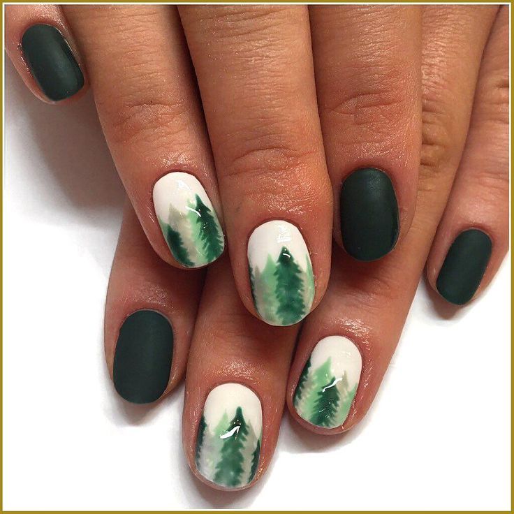 Serene Nature-Inspired Nail Art with Evergreen Trees on Matte and Glossy Backgrounds.