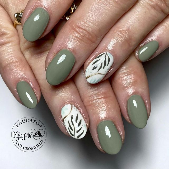 Sophisticated Olive Green Nail Design with Chic Marble Accents and Leaf Patterns