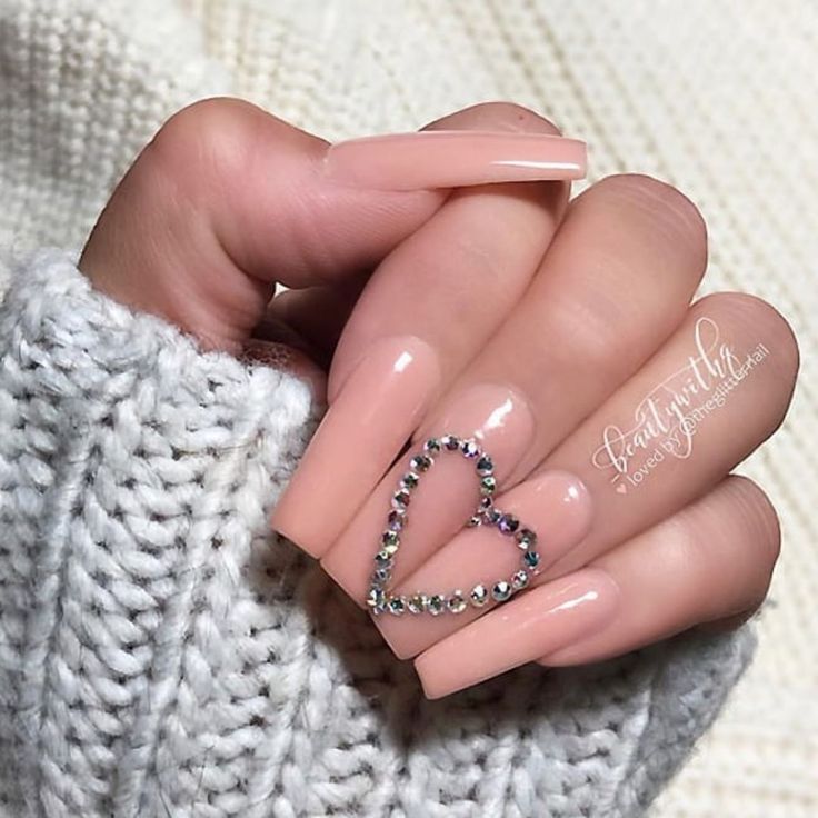 Elegant Heart-Shaped Nude Nails with Rhinestones: A Chic and Versatile Design for Any Occasion