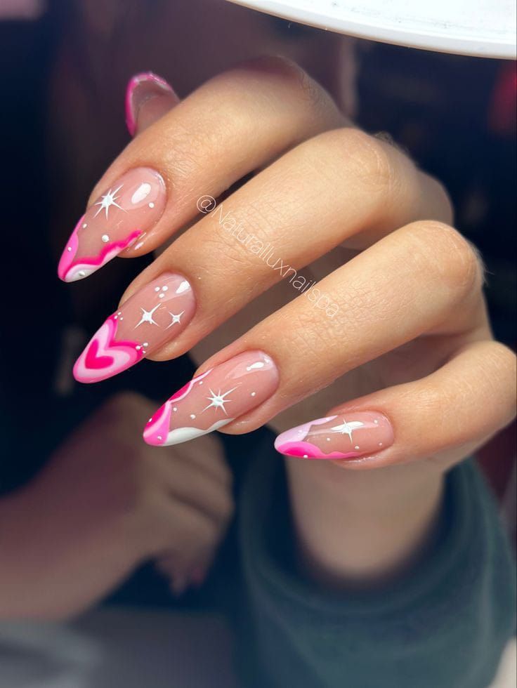 Whimsical Vibrant Nail Design with Pink and White Accents