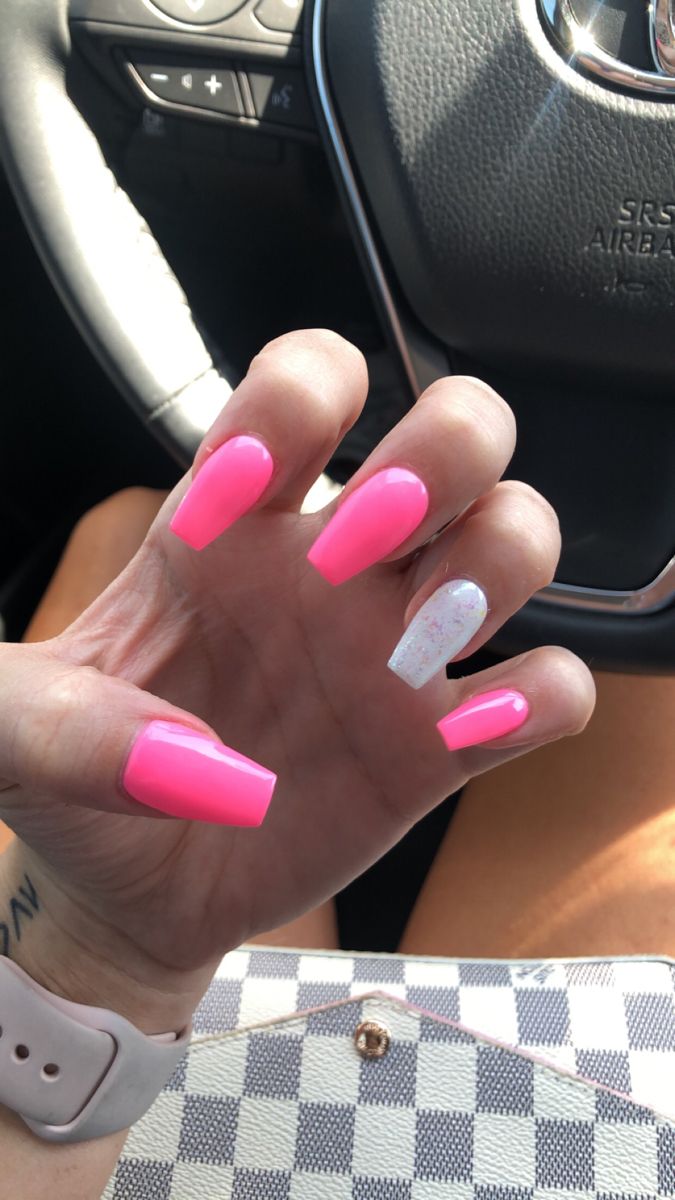 Bold Vibrant Pink Acrylic Nails with Elegant White Glitter Accent for a Playful Summer Look